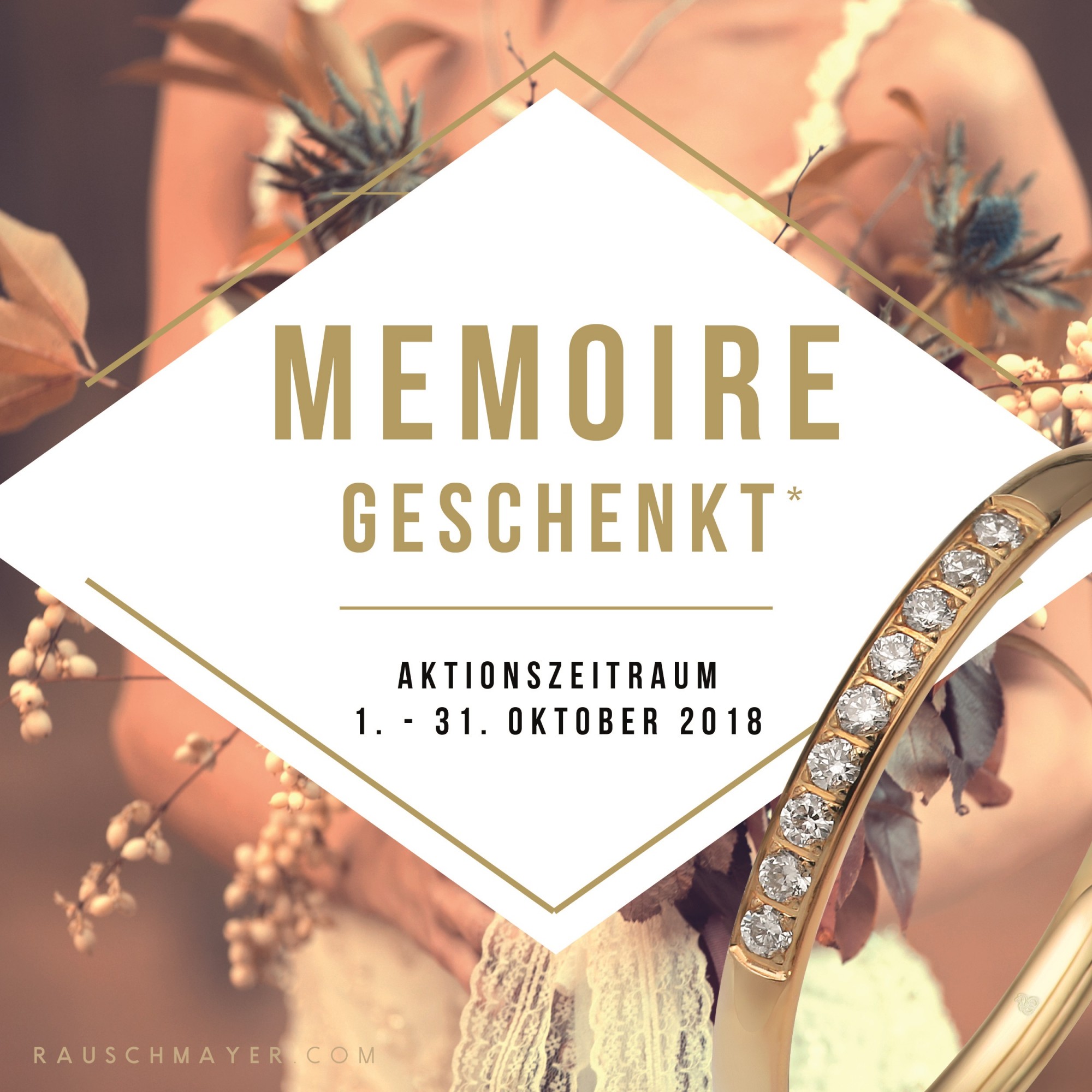 Das Bild zeigt eine elegante Darstellung mit einer goldenen Ringgestaltung und floralen Elementen, umrahmt von einem weißen, geometrischen Rahmen.