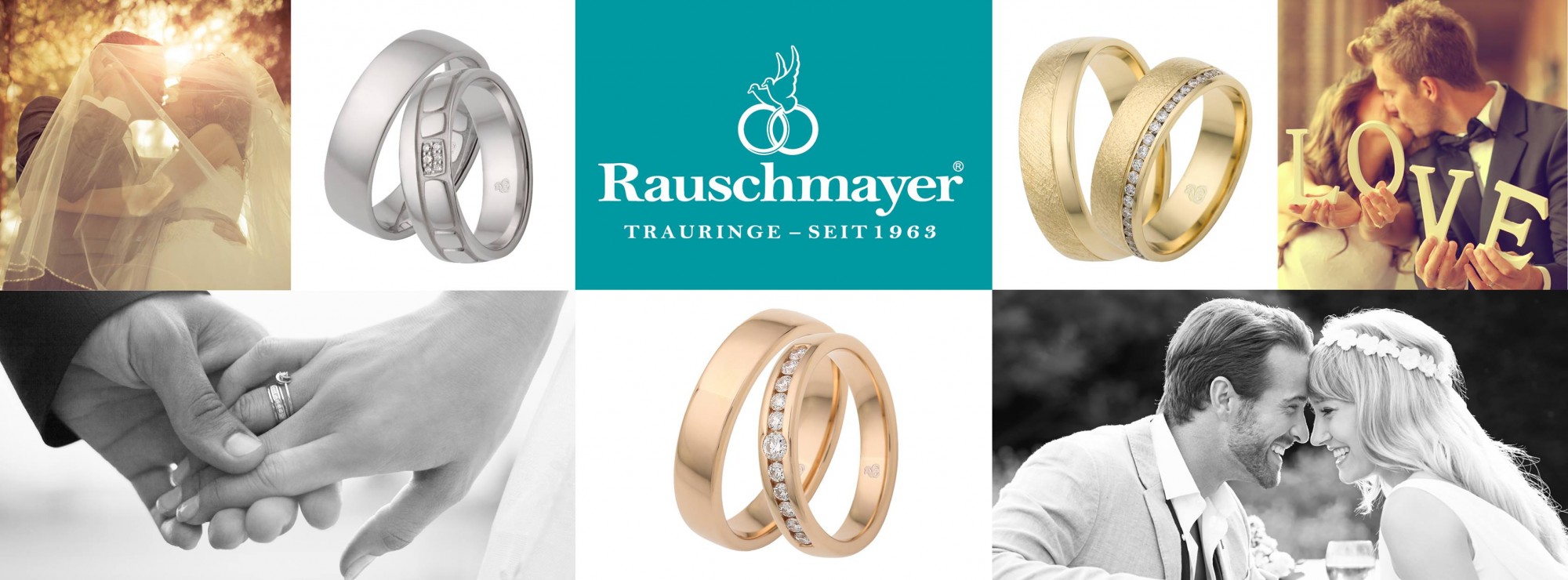 Das Bild zeigt verschiedene Motive rund um Hochzeiten: verliebte Paare, Trauringe in Gold und Silber sowie das Logo von Rauschmayer.
