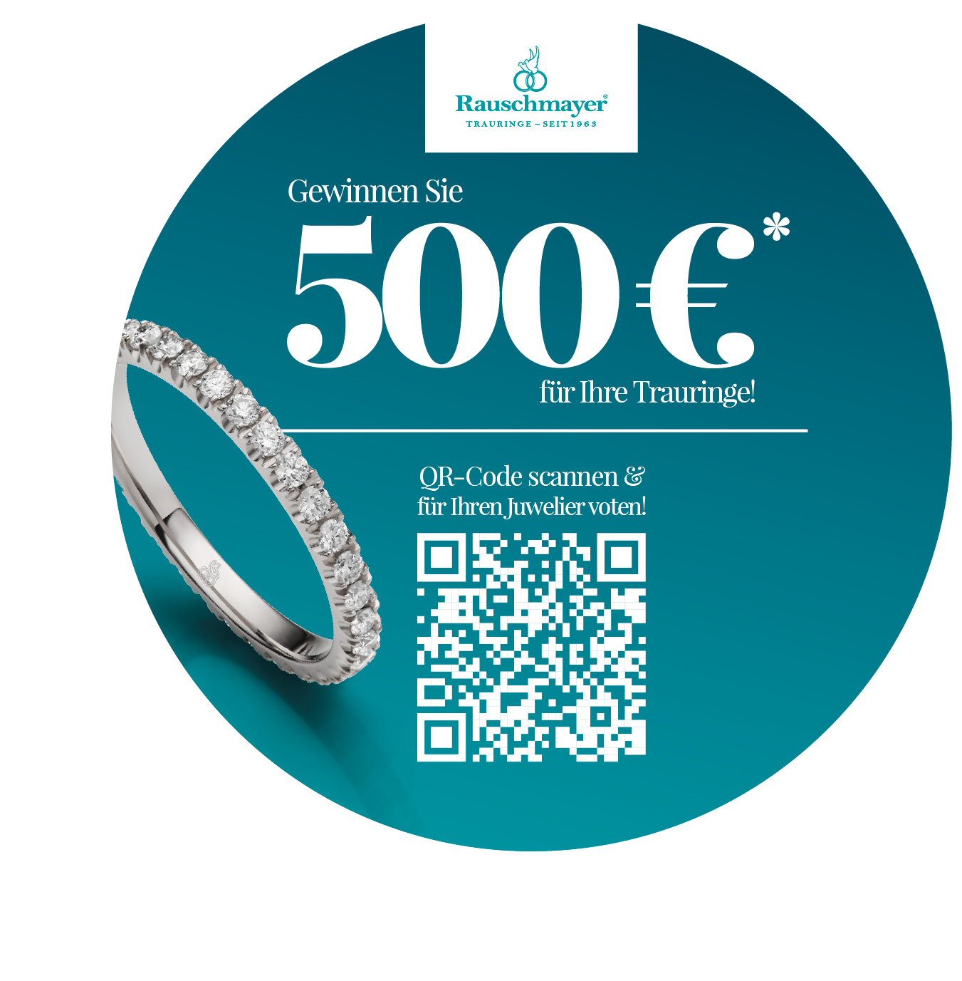 Ein eleganter Ring mit mehreren funkelnden Steinen ist vor einem türkisfarbenen Hintergrund abgebildet. Darunter steht ein Gewinnspieltext und ein QR-Code.