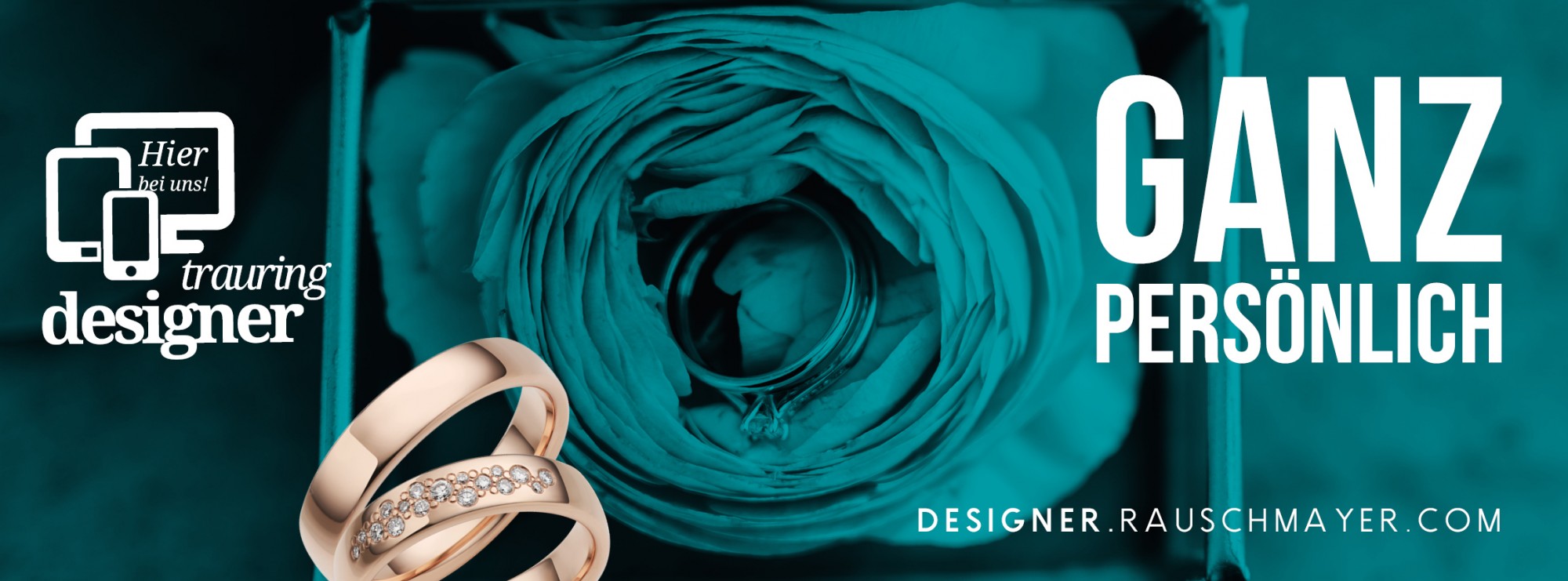 Das Bild zeigt einen eleganten Ring und einen Ring mit Steinen, umgeben von einer blauen Blume. Darauf steht 