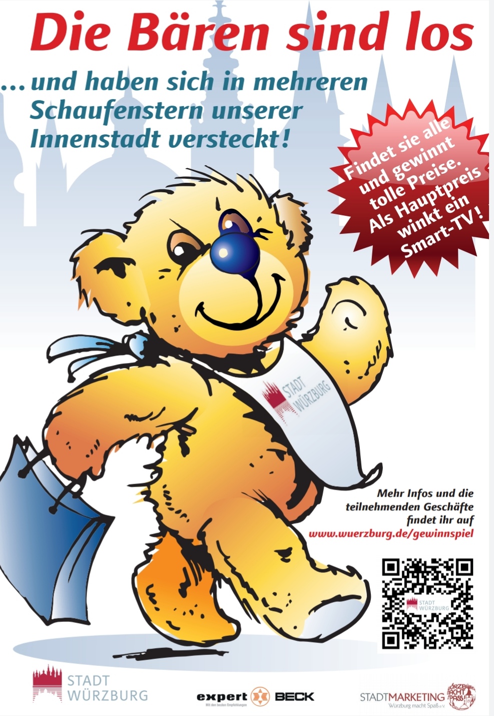 Auf dem Bild ist ein lächelnder Teddybär mit blauer Nase und einem Regenschirm zu sehen. Text informiert über eine Schatzsuche in Würzburg.