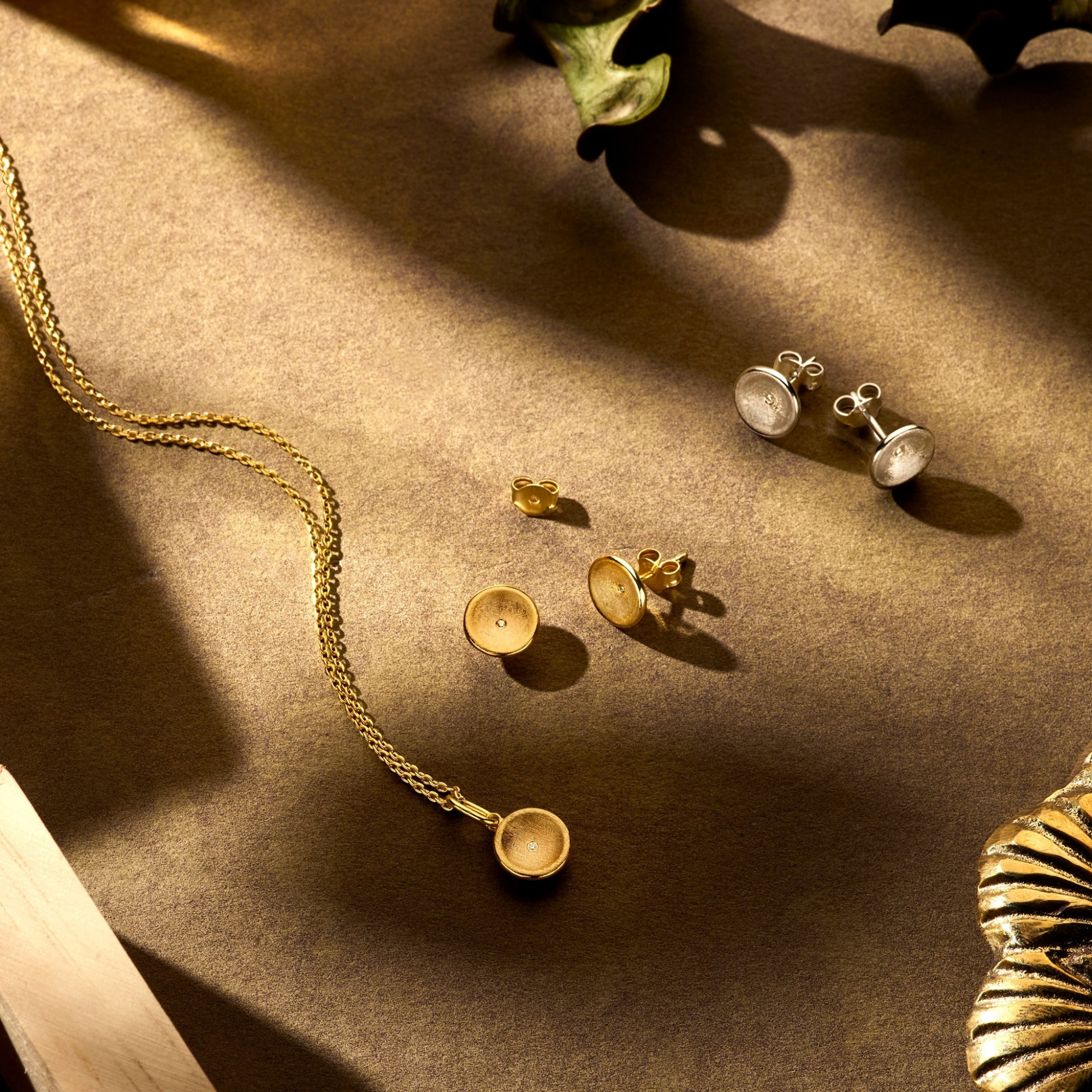 Auf einem braunen Untergrund liegen goldene und silberne Ohrringe sowie eine goldene Kette mit einem Anhänger, umgeben von sanftem Licht und Pflanzen.