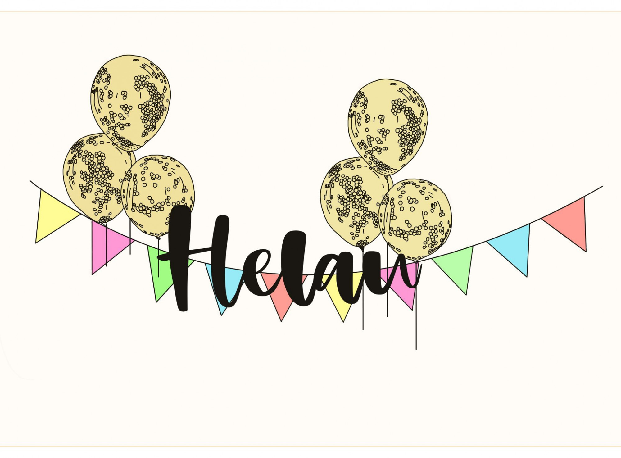 Das Bild zeigt goldene Luftballons neben einer bunten Girlande. In der Mitte steht in großen, geschwungenen Buchstaben 