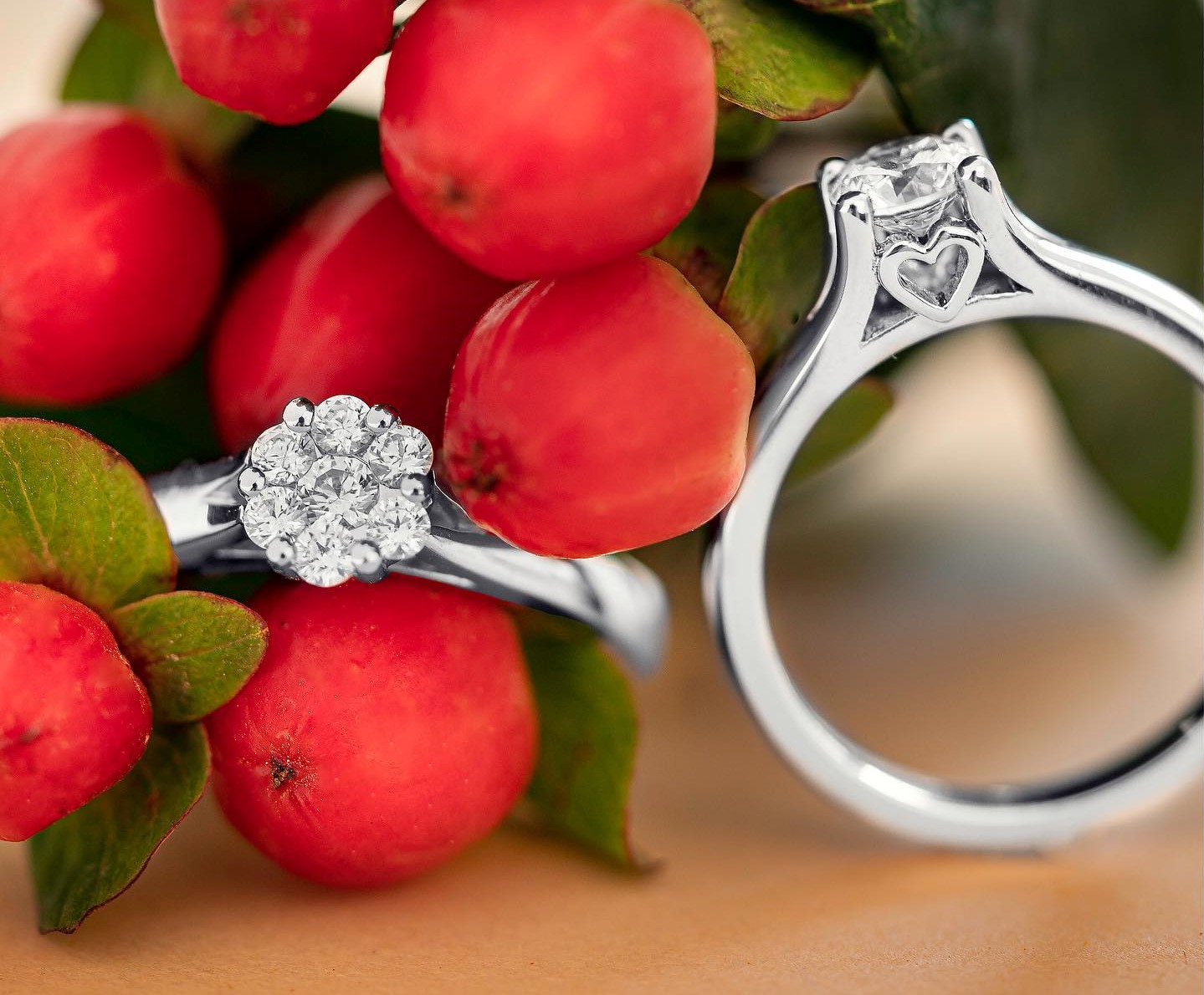 Zwei elegante Silberringe mit funkelnden Steinen liegen zwischen roten Beeren und grünem Laub auf einer sanften Unterlage.