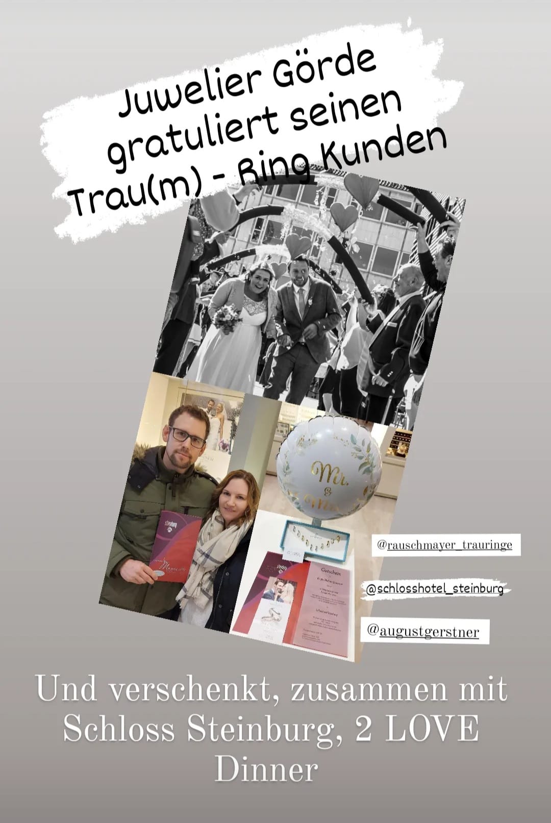 Das Bild zeigt eine Grußkarte des Juweliers Görd, die Hochzeitspaare gratuliert. Darunter sind Fotos von Brautpaaren und einem Gutschein für ein Dinner.