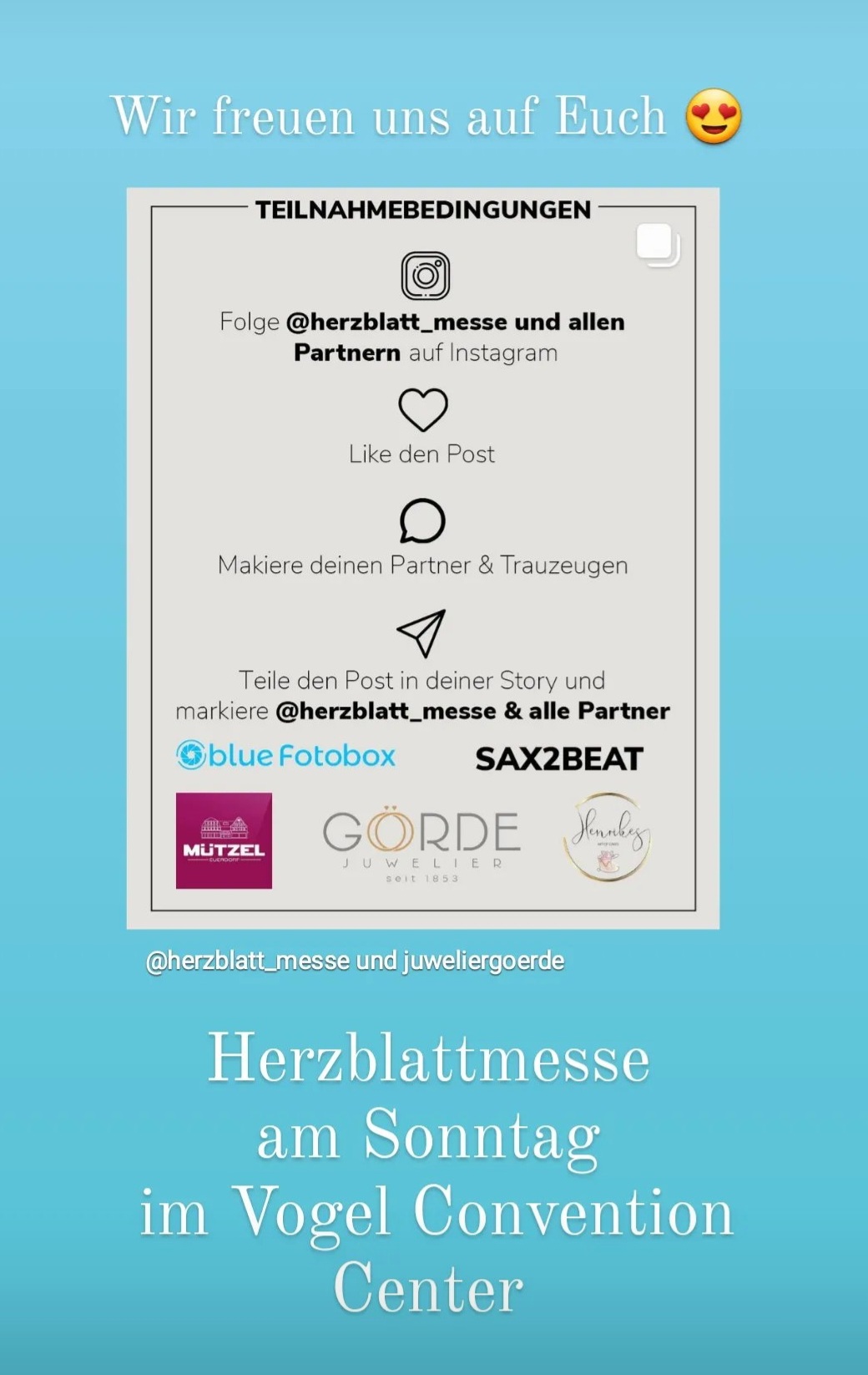 Das Bild zeigt eine Informationsgrafik zur Herzblattmesse mit Teilnahmebedingungen und den Logos von Partnern auf einem hellblauen Hintergrund.