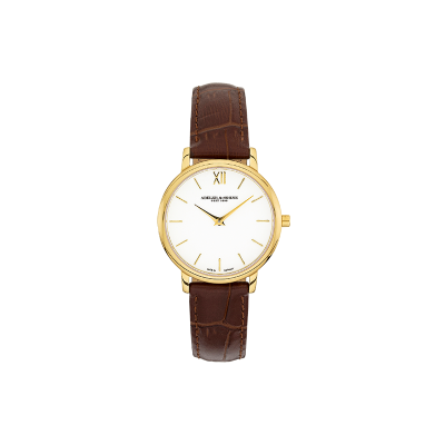 Eine elegante Armbanduhr mit einem weißen Ziffernblatt, goldenen Zeigern und römischen Zahlen. Das Armband ist aus braunem Leder.