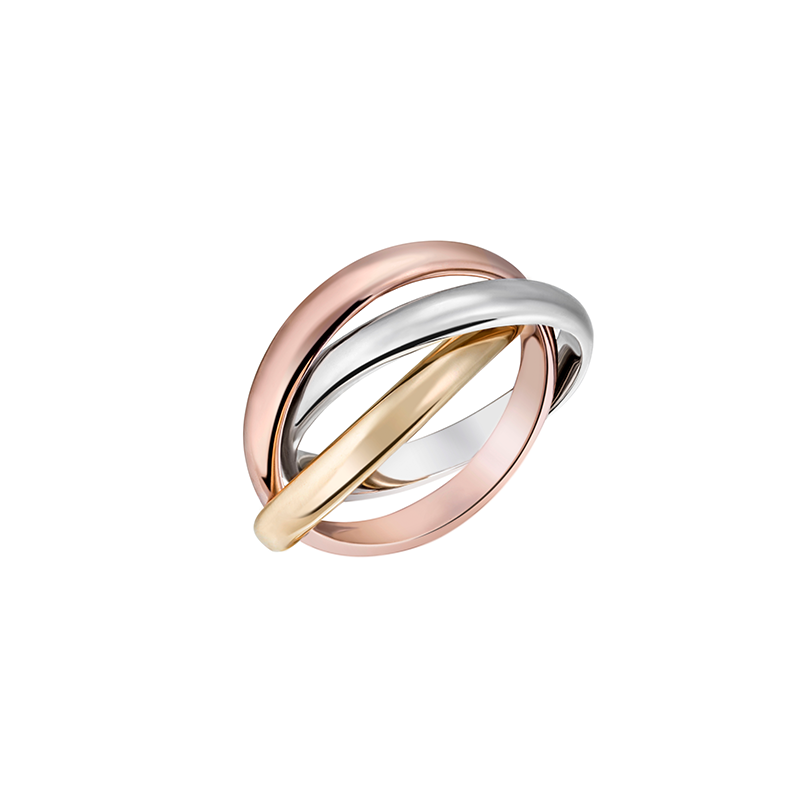 Ein eleganter Ring aus drei ineinander verschlungenen Bändern in Roségold, Gelbgold und Silber. Der moderne Schmuck vereint verschiedene Materialien harmonisch.